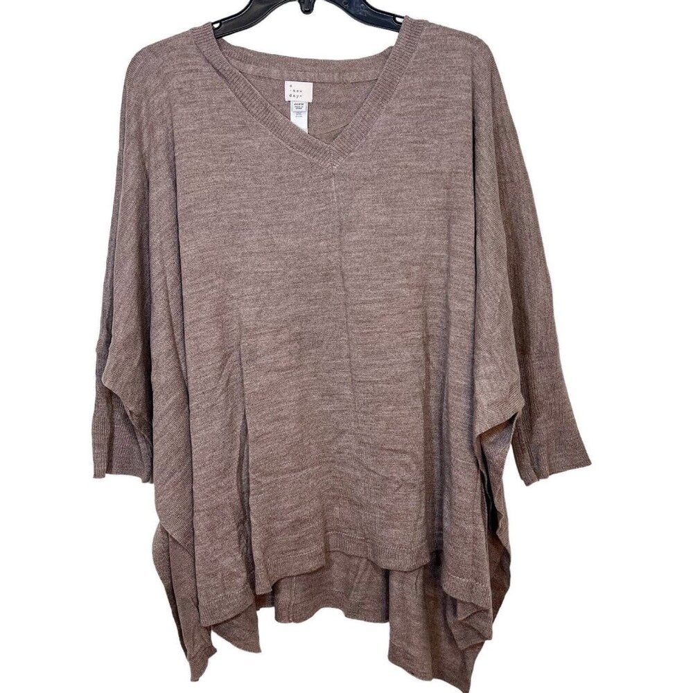 A New Day Sweater Brown V Neck Batwing Sleeve Pullover‎ Poncho Cape One Size